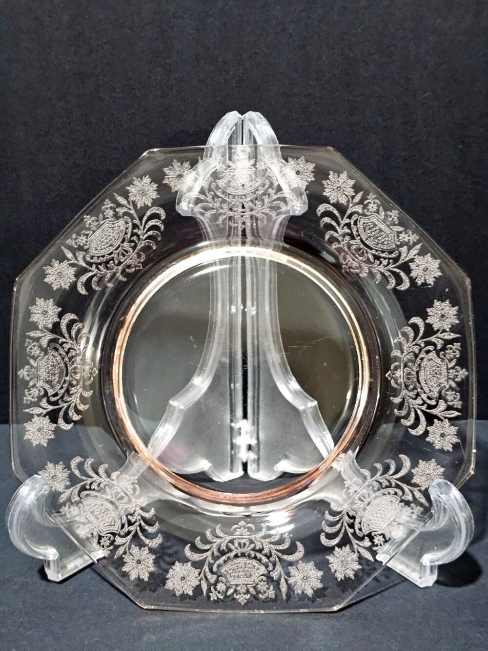 4 Depression Glass Pink Plate salad luncheon Art Deco etched floral hexagon 7"